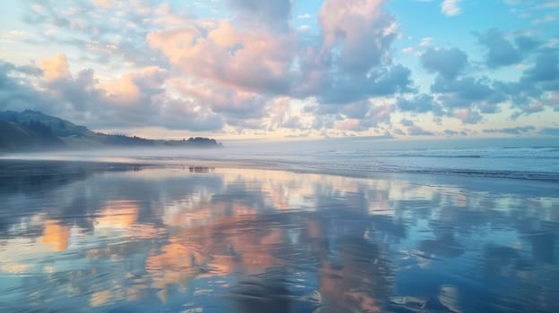 A beautiful sunset over a beach where the clouds are reflected in the calm waters, creating a stunning natural landscape with a fluid atmosphere AIG50
