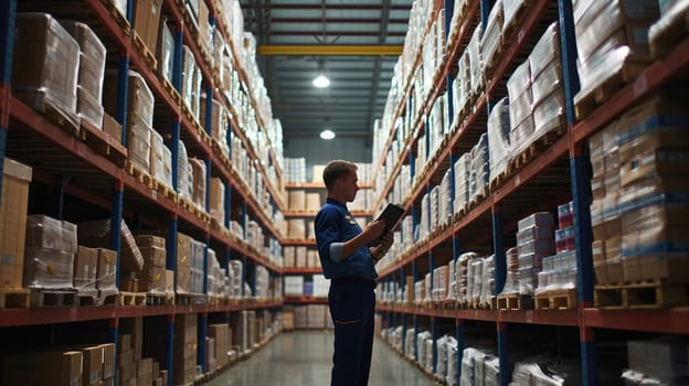 A man is in a retail building, observing a tablet while surrounded by shelves, shelving units, and publications. AIG41