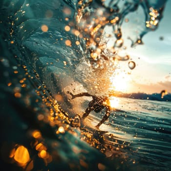 A person is happily riding a wave on a surfboard in the liquid world of the ocean, surrounded by the vast sky and majestic astronomical objects AIG50
