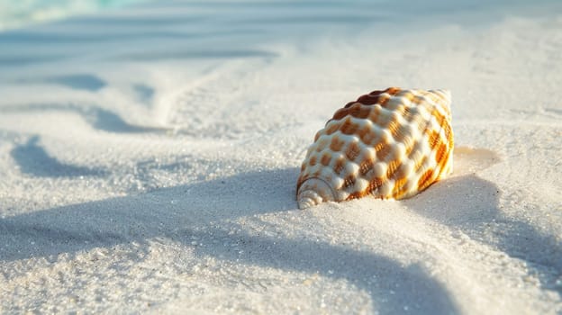 An electric blue sea shell rests on the sandy beach, a natural material from molluscs. Fluid surrounds the invertebrate, like fish and snails in liquid AIG50