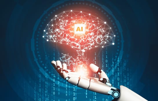 MLP 3D rendering futuristic droid robot technology development, artificial intelligence AI, and machine learning concept. Global robotic bionic science research for future of human life.
