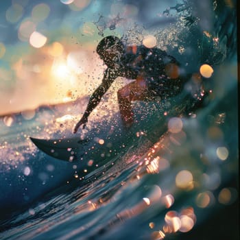 A person is happily riding a wave on a surfboard in the liquid world of the ocean, surrounded by the vast sky and majestic astronomical objects AIG50