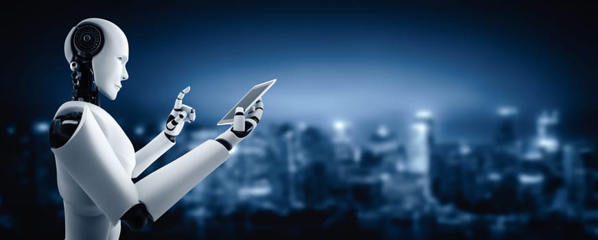 MLP 3d illustration Robot humanoid use mobile phone or tablet in future office while using AI thinking brain , artificial intelligence and machine learning process. 4th fourth industrial revolution 3D illustration.
