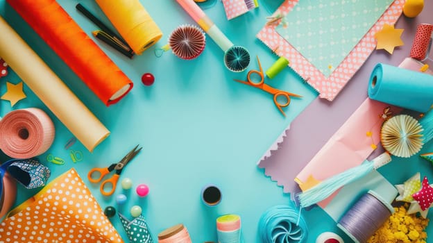 A table decorated with paper flowers, craft supplies, and colorful textiles in shades of green, azure, orange, yellow, and aqua. The vibrant electric blue patterns add an artistic touch AIG50
