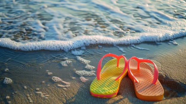 A pair of flip flops in electric blue sit on the beach next to the azure ocean, signifying leisure and happiness in sportswear art AIG50