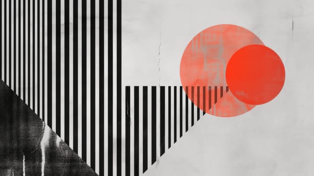 A minimalist poster design with a red geometric shape in the foreground and a black and white building in the background set against a red sun. The color palette is red, white and black. AIG42.