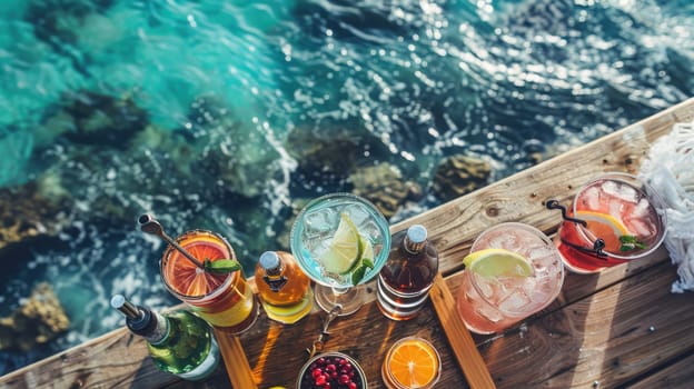 A line of beverages placed on a wooden pier by the ocean, surrounded by a natural environment with lush plants, trees, and underwater organisms. A tranquil scene for leisure AIG50