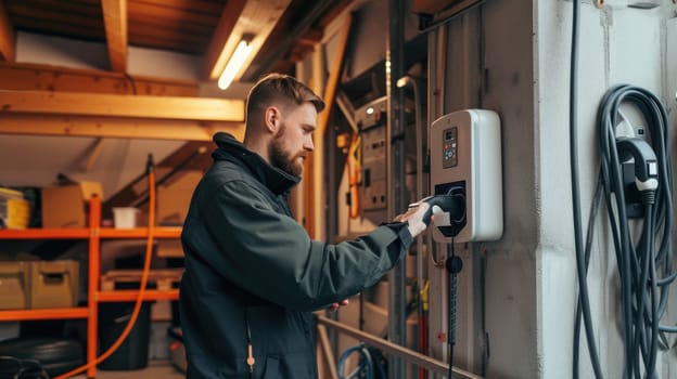 An electrician in work attire is busy setting up an electric vehicle charging station in a residential garage, contributing to sustainable living. AIG41