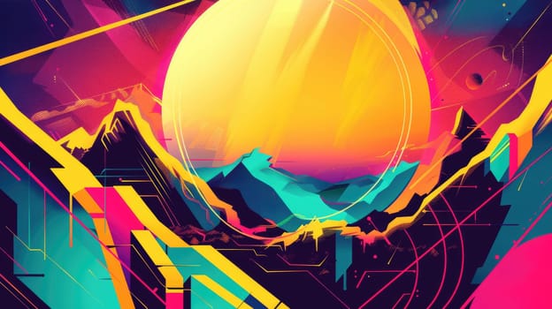 Synthwave landscape with a large sun in the background. AIG51A.