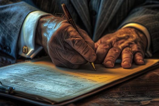 Close up of professional business man hands writing a note at table. Project manager holding a pen and making a contract while wearing formal suit at modern office with blurring background. AIG42.