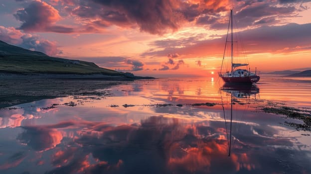A sailboat glides gracefully on the calm waters of a lake as the sun sets, casting a warm afterglow over the tranquil scene AIG50