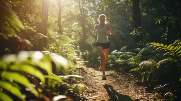 A woman wearing shorts is running through a forest trail surrounded by terrestrial plants, trees, and grass in a natural landscape. AIG41