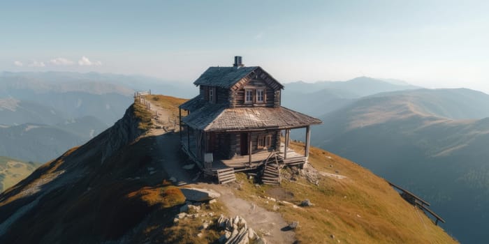 A wooden house sits on a hilltop overlooking a mountain range. AIG51A.