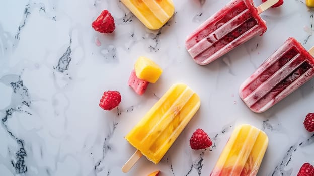 A colorful rectangle of natural foods art, featuring a dish of popsicles made with strawberries and blueberries as key ingredients in a refreshing peach cuisine recipe AIG50