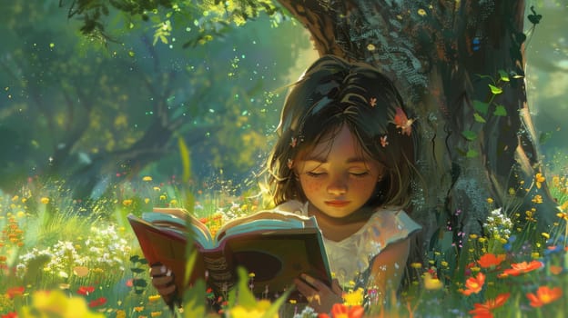 A toddler with long hair is happily reading a book under a tree in a natural landscape. Grass and terrestrial plants surround her as she enjoys the outdoors AIG50