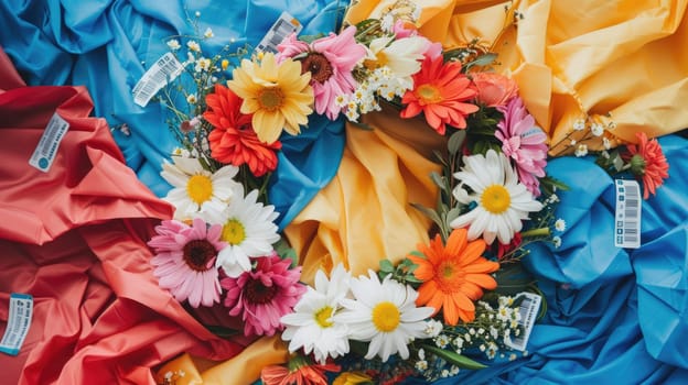 A vibrant display of colorful textiles and flowers in shades of orange, pink, and magenta on a sunny yellow background. This artful arrangement exudes a happy and joyful vibe, perfect for any event AIG50