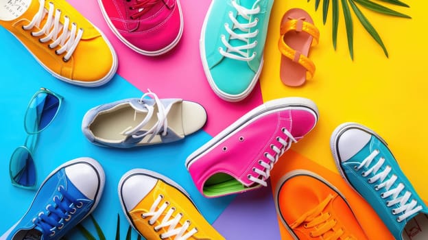There is a variety of shoes and sandals displayed on a colorful background, including walking shoes, outdoor shoes, and electric blue and orange sandals. The vibrant display is like a work of art AIG50