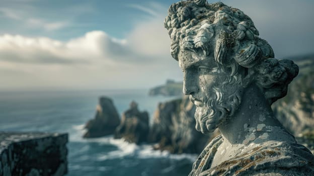 A sculpture of a woman on a rock, gazing out over the vast ocean in a serene natural landscape, with the sky and water blending seamlessly AIG50