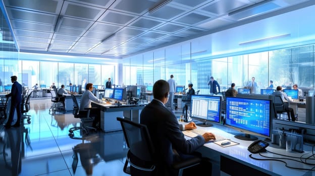 Diverse business people work on laptop while looking at desktop screen and analyze financial data. Investors sitting while trading money currency with stock market statistic display on monitor. AIG42.