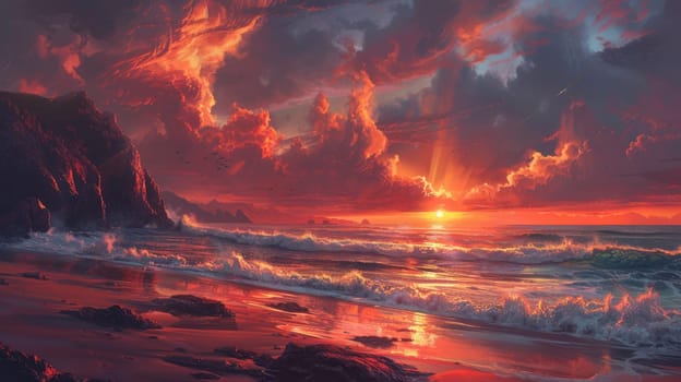 A picturesque painting capturing the sunset over the ocean, with vibrant colors reflecting on the water and a beautiful sky filled with cumulus clouds AIG50