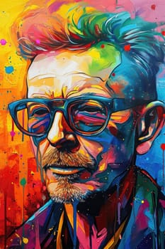 The comic colourful picture of the short hair male adult human head and has been wearing sunglasses with straight face yet picture fill with various colour that make picture fill with emotion. AIGX01.