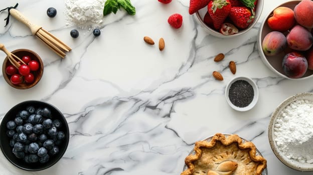 A still life photography featuring a table adorned with bowls of fruit, eggs, flour, and a pie. This composition showcases the ingredients for a delicious recipe AIG50