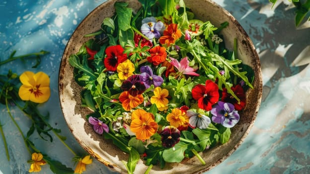 An artful arrangement of leafy greens and colorful flowers in a bowl, placed on a vibrant blue table. The natural landscape is enhanced with this beautiful botanical illustration AIG50
