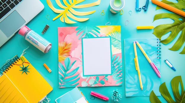 Using their green thumb and nimble fingers, a person creates paper flowers and leaves on an azure table, surrounded by nature and beauty AIG50