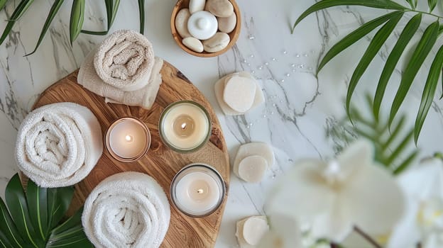 The table is adorned with a beautiful display of candles and flowers, including yellow chamomile blooms. The combination creates a serene and artistic atmosphere AIG50
