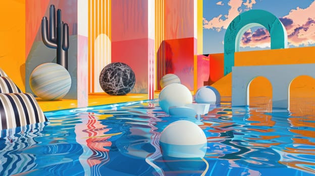 Aqua and magenta tints and shades create a vibrant display in this artistic piece featuring a colorful painting of a pool with reflections of buildings in the water AIG50