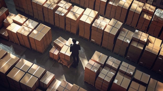Top view of project manager hands walking and checking product at warehouse. Start up business man working on machine while walking at storage surrounded with box with blurring background. AIG42.
