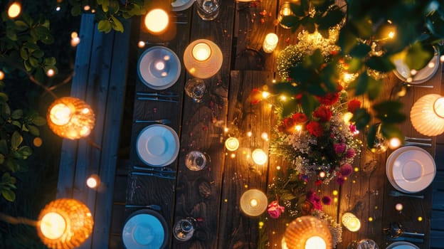 A wooden table adorned with candles, flowers, and an orange houseplant in a beautiful circular pattern, creating a cozy atmosphere for any event AIG50