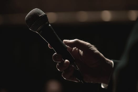 Man hands holding microphone on stand, Professional Media interview.