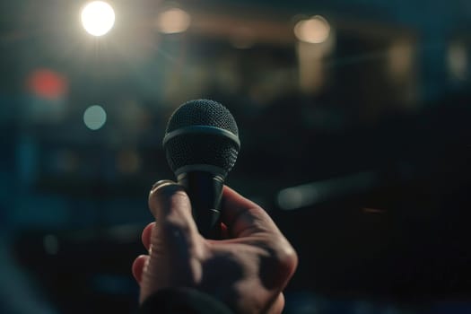 Man hands holding microphone on stand, Professional Media interview.