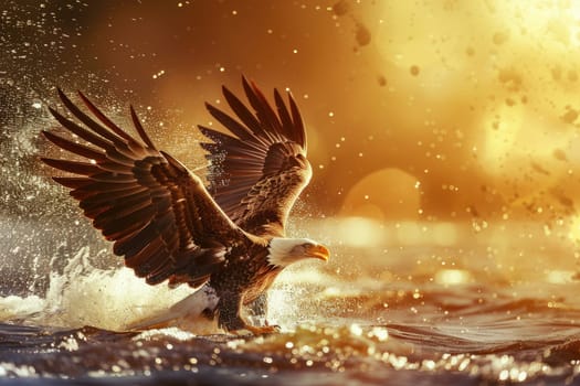 An eagle flies over the water, its wings outstretched. The sun is setting, and the sky is a brilliant orange. The eagle's feathers are a deep brown, and its eyes are a piercing yellow. The water is a deep blue, and the waves are capped with white foam. The eagle is flying low to the water, and its talons are outstretched. It looks like it is about to catch a fish. AIG51A.