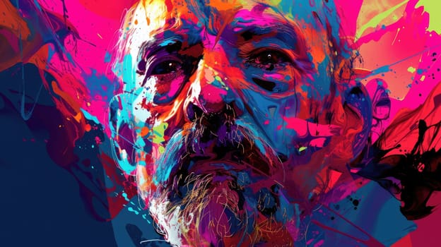 Portrait of stressed middle aged people looking with wrinkles on his face painted with vibrant color. An abstract picture of old man face with tension and formal cloth. Close up. Focus on face. AIG42.