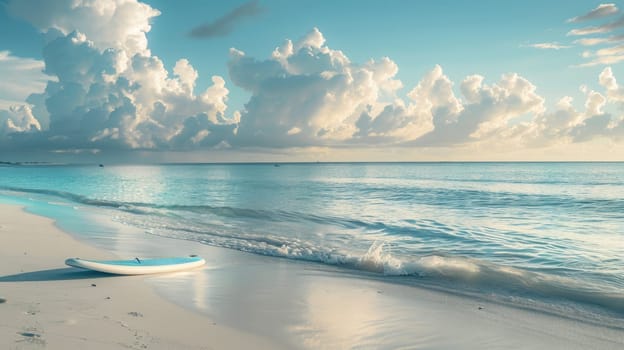 A surfboard rests on the sandy beach, overlooking the azure waters of the ocean under a clouddotted sky in this picturesque natural landscape AIG50