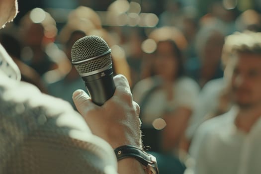 Man hands holding microphone on stand, Professional Media interview.