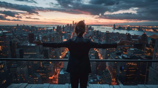 A businesswoman stands arms outstretched with embracing the vast cityscape below, Freedom woman.