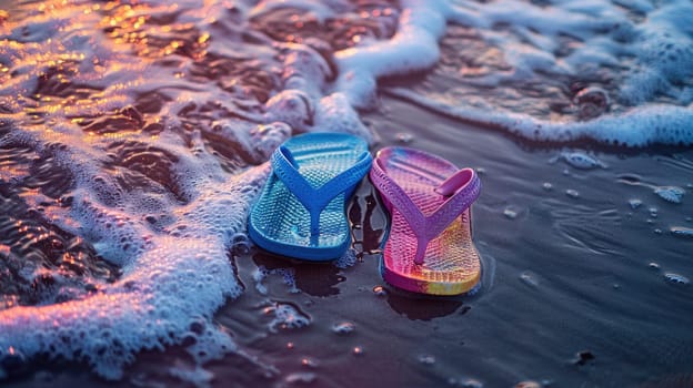 A pair of flip flops rests on the sandy beach, with waves crashing nearby. The tranquil scene is a perfect blend of water, wind, and natural landscape AIG50