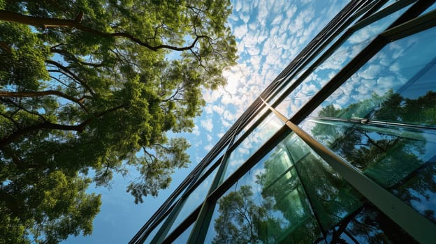 A big tall structure with an uncountable amount of the mirror or glass that reflect the of light by the bright sun and show what is on the other side of them that the picture of it so clear. AIGX03.
