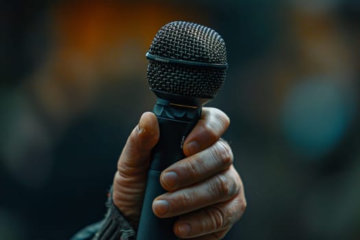 Man hands holding microphone on stand, Professional Media interview.