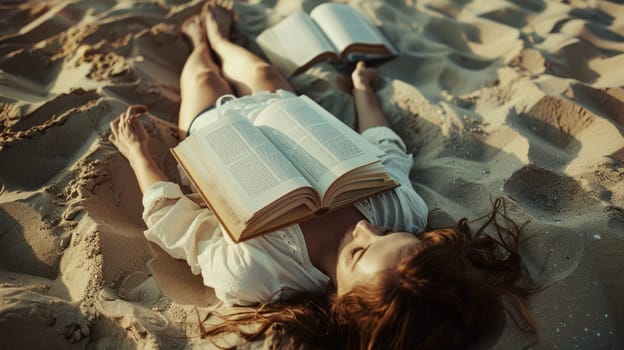 An art book floats through the windy sky above the sandy beach, blending with the clouds and water, creating a beautiful natural landscape AIG50