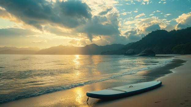 A surfboard rests on the sandy beach, overlooking the azure waters of the ocean under a clouddotted sky in this picturesque natural landscape AIG50