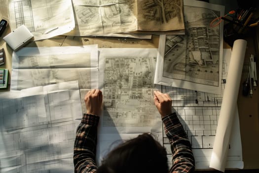 Skilled architect holding blueprint and planning building construction. Close up of professional civil engineer hands looking project plan while inspecting and checking at house structure. AIG42.