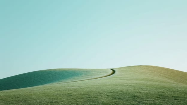 A landscape of slope hill with road or pathway and blue sky. The slope green mountain with tree with path lead to the top of hill. he road winds its way gracefully along the hill's contours. AIG42.