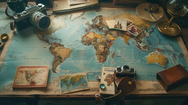An intricate map of the world is elegantly displayed on a wooden table. The intricate patterns and font create a beautiful piece of art AIG50