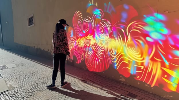 Skilled creative artist using VR glasses painting futuristic digital art at wall. Professional graphic designer making street art by using visual reality goggle with vibrant colorful color. AIG42.