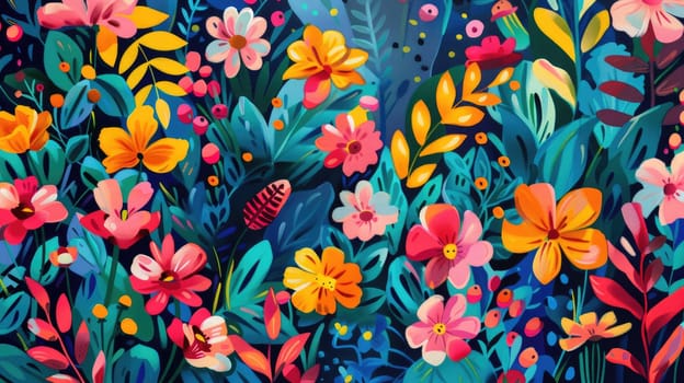 An artistic representation of plants and flowers on a vibrant electric blue background, showcasing a blend of magenta petals and green leaves creating a mesmerizing natural landscape AIG50