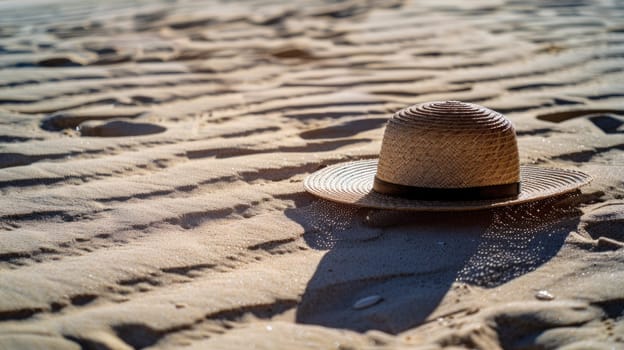 The hat rests on the sandy beach by the waters edge, under the warm sunlight. The fluid waves gently kiss the shore, creating a peaceful landscape with a wooden horizon AIG50